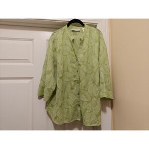 First Issue Liz Claiborne Green Tropical Leaf Print Button Up Blouse Plus Size 2